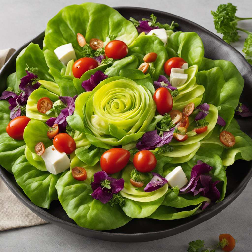 An image showcasing a colorful restaurant dish, featuring a bed of tender, vibrant green butter lettuce leaves topped with a medley of fresh ingredients, evoking a sense of freshness and culinary artistry on menus