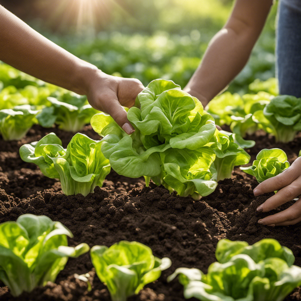 An image featuring a close-up of hands gently placing young butter lettuce seedlings into nutrient-rich soil, with a backdrop of a sunny garden in early spring