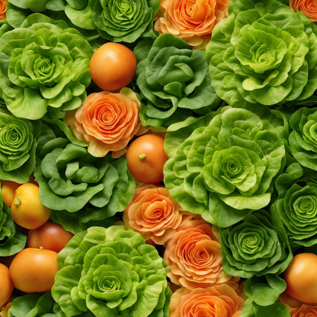 An image showcasing the vibrant green leaves of butter lettuce, their delicate texture and ruffled edges, juxtaposed against a backdrop of fresh vegetables