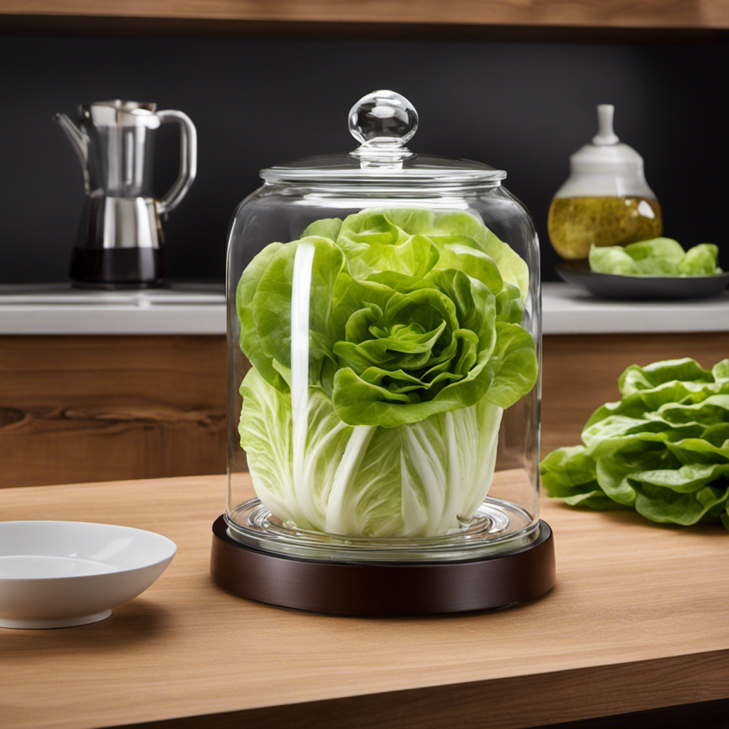 An image showcasing a crisp, vibrant head of butter lettuce nestled in a glass container in the refrigerator
