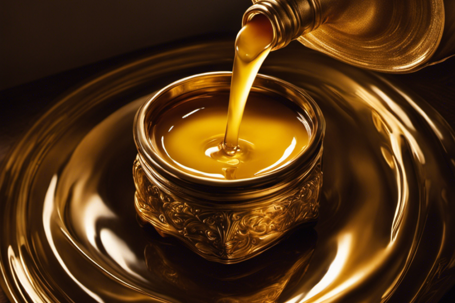 An image of a golden, creamy liquid pouring from a churn