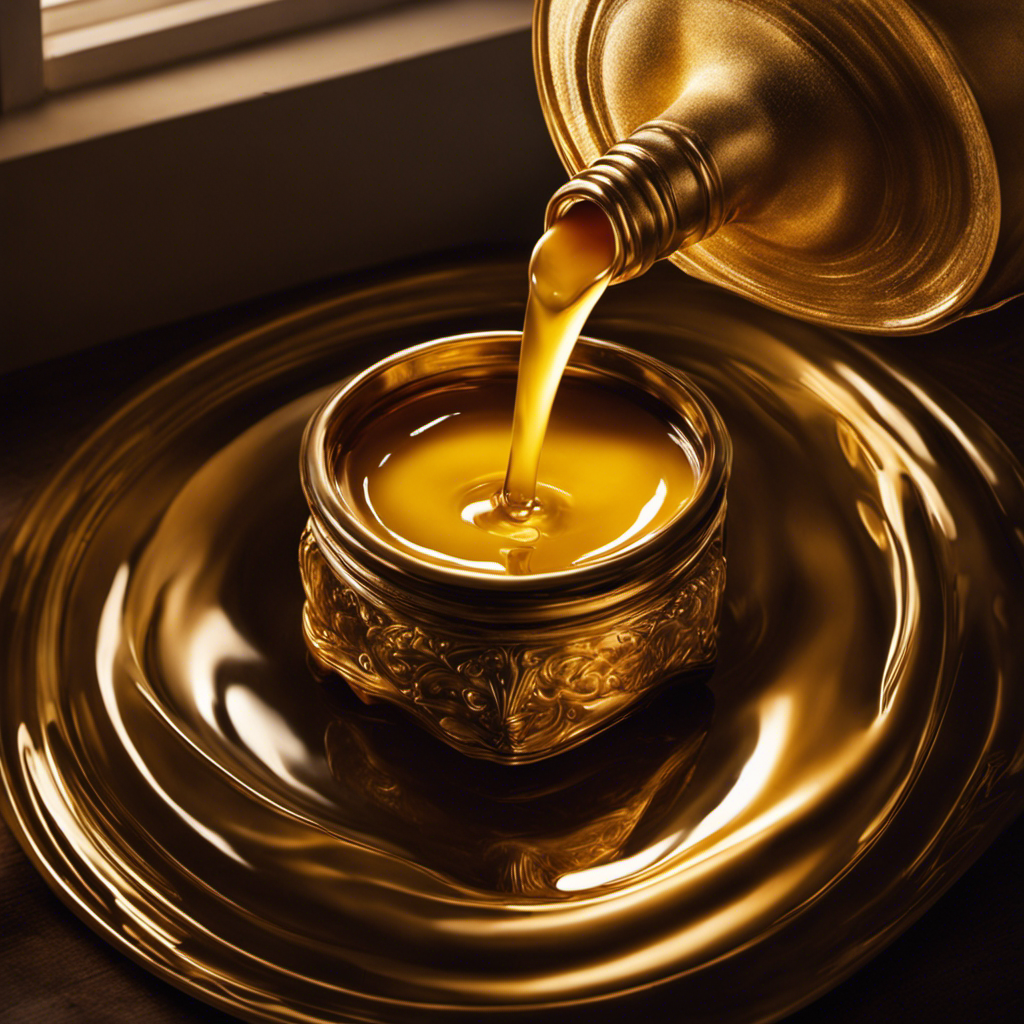 An image of a golden, creamy liquid pouring from a churn