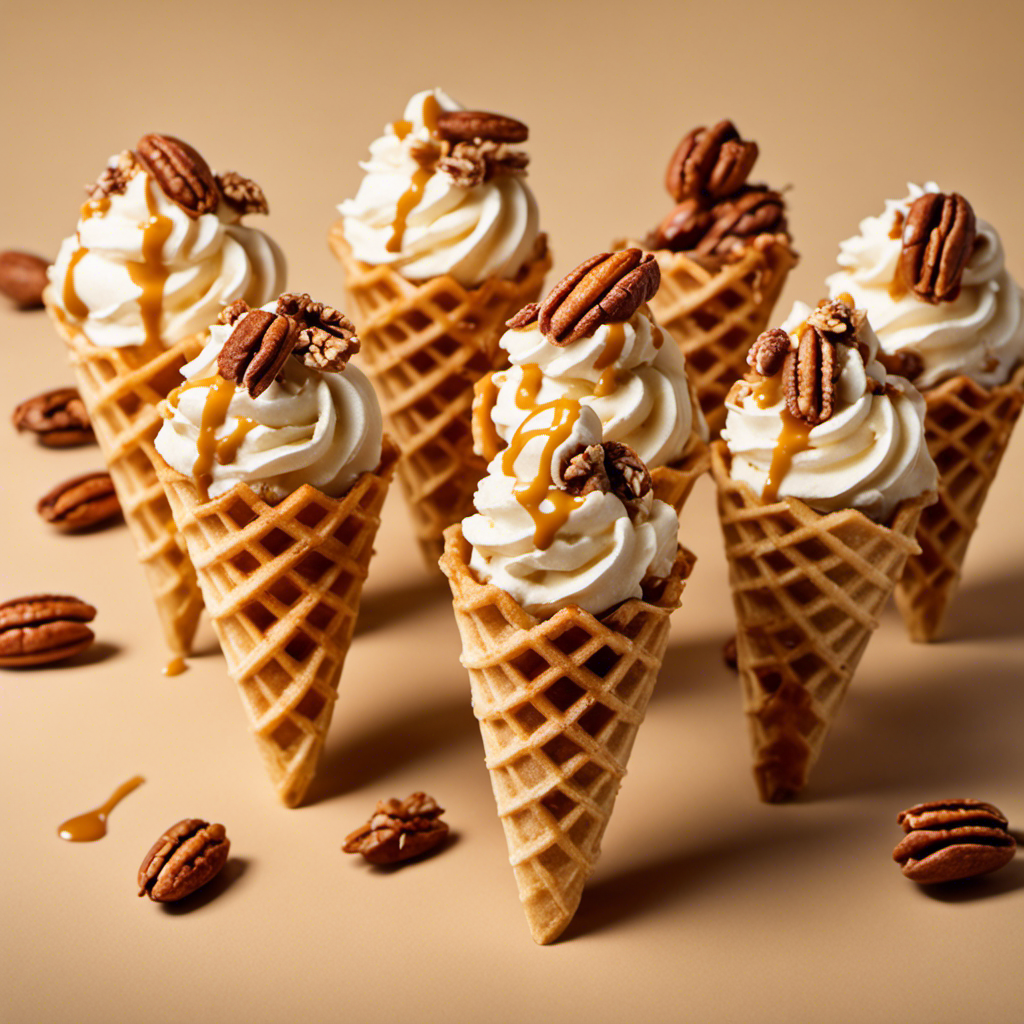 An image showcasing a creamy scoop of butter pecan ice cream in a waffle cone, adorned with caramel drizzle and topped with a generous sprinkling of chopped pecans, capturing the essence of this delectable flavor