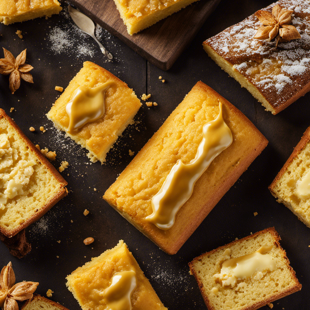An image showcasing a close-up view of a velvety golden substance gently sprinkling over freshly baked cornbread, highlighting the fine texture and rich aroma of butter powder