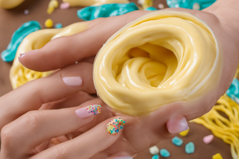 An image showcasing a glossy, pale yellow slime oozing through fingers, adorned with colorful sprinkles and resembling creamy butter