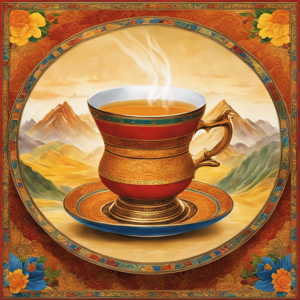 An image showcasing a steaming cup of rich, amber-hued butter tea, adorned with delicate saffron strands floating on its surface