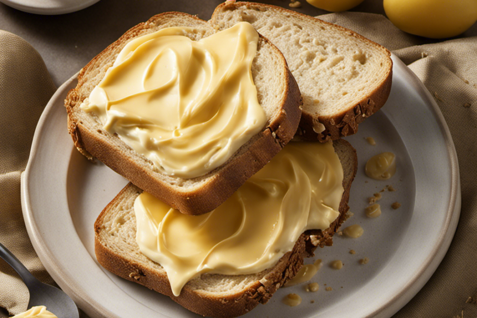 An image that captures the essence of "Cant Believe It's Not Butter" by focusing on a golden-hued, creamy spread atop a perfectly toasted slice of bread, showcasing its smooth texture, alluring shine, and inviting aroma