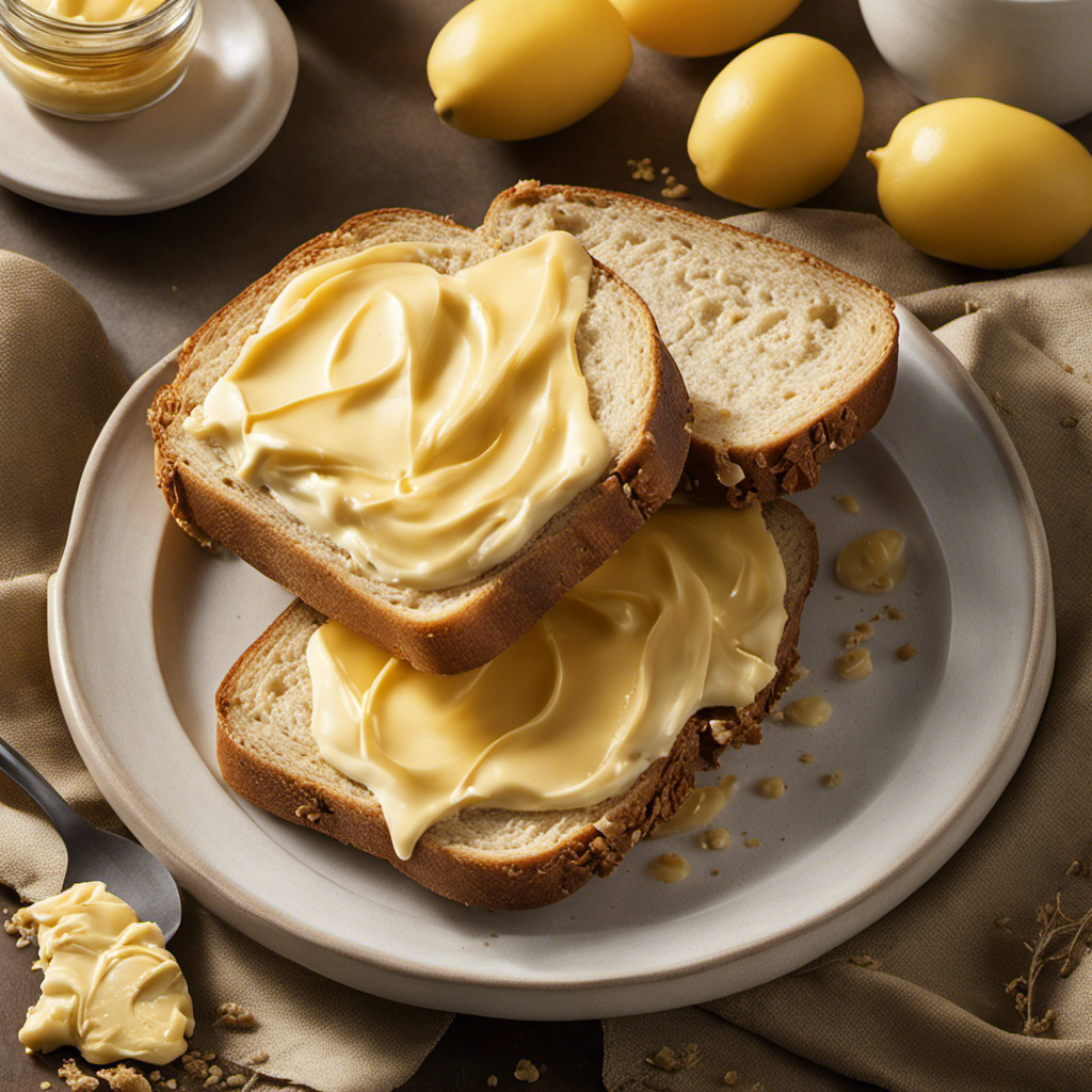 An image that captures the essence of "Cant Believe It's Not Butter" by focusing on a golden-hued, creamy spread atop a perfectly toasted slice of bread, showcasing its smooth texture, alluring shine, and inviting aroma