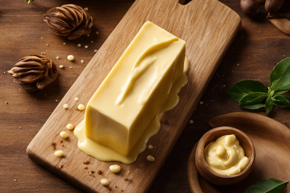 An image capturing a golden, creamy stick of Challenge Butter, glistening with dewdrops, nestled on a rustic wooden cutting board