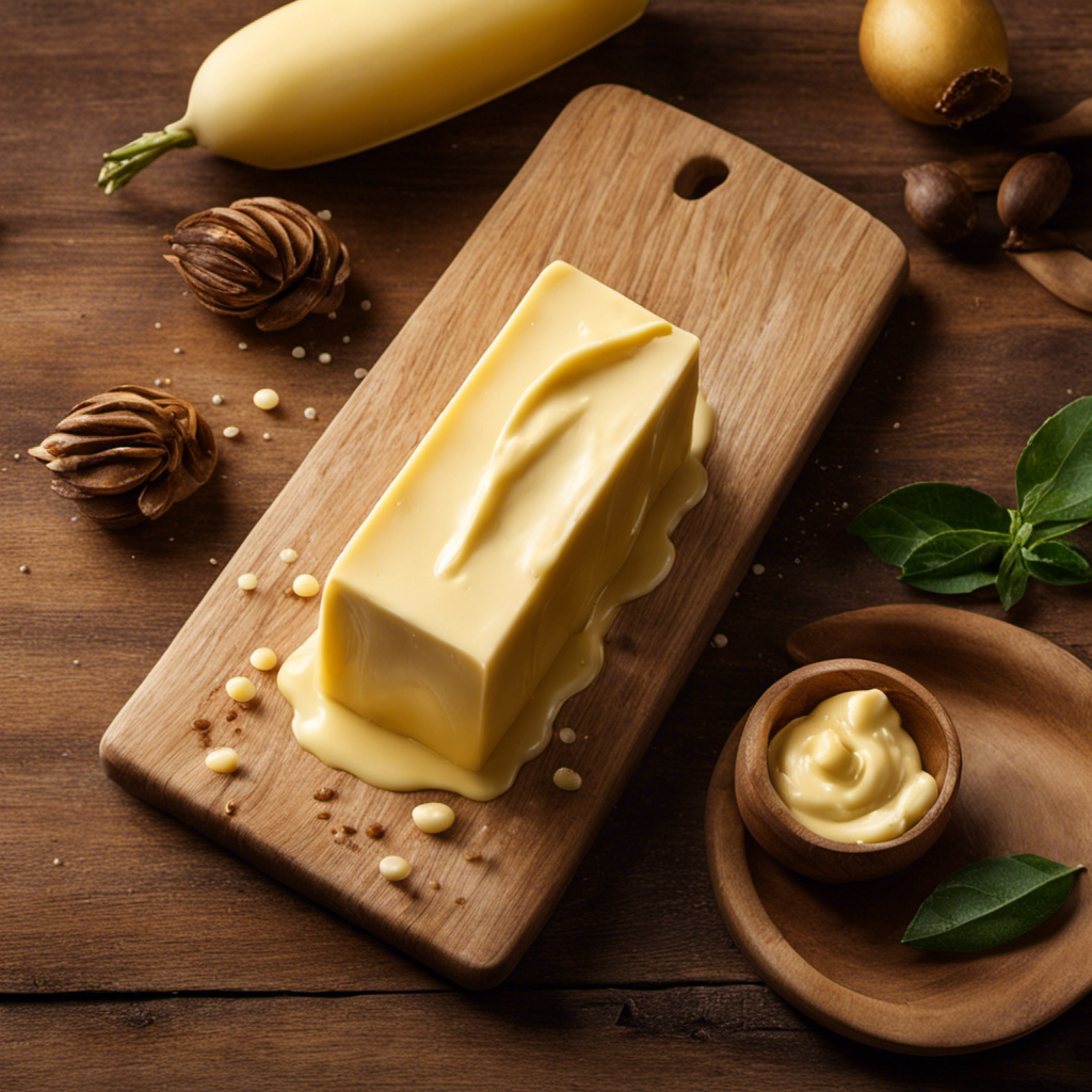 An image capturing a golden, creamy stick of Challenge Butter, glistening with dewdrops, nestled on a rustic wooden cutting board