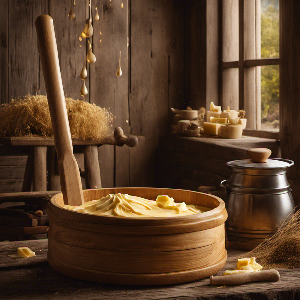 A captivating image showcasing the traditional process of churning butter: hands firmly gripping a wooden churn, a creamy whirlpool forming inside, golden droplets splattering against a rustic backdrop