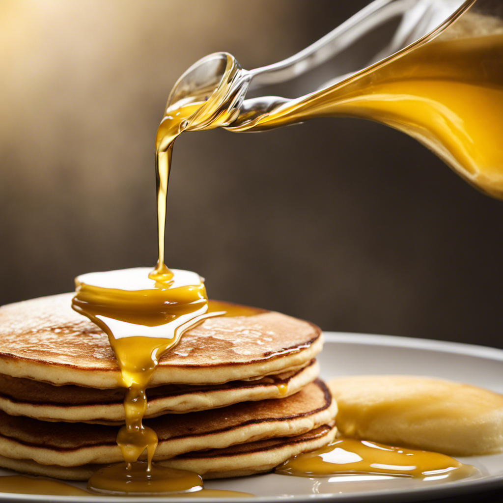 An image showcasing a golden, translucent liquid being drizzled over a stack of fluffy pancakes, with a pat of clarified butter melting on top, beautifully enhancing their texture and flavor