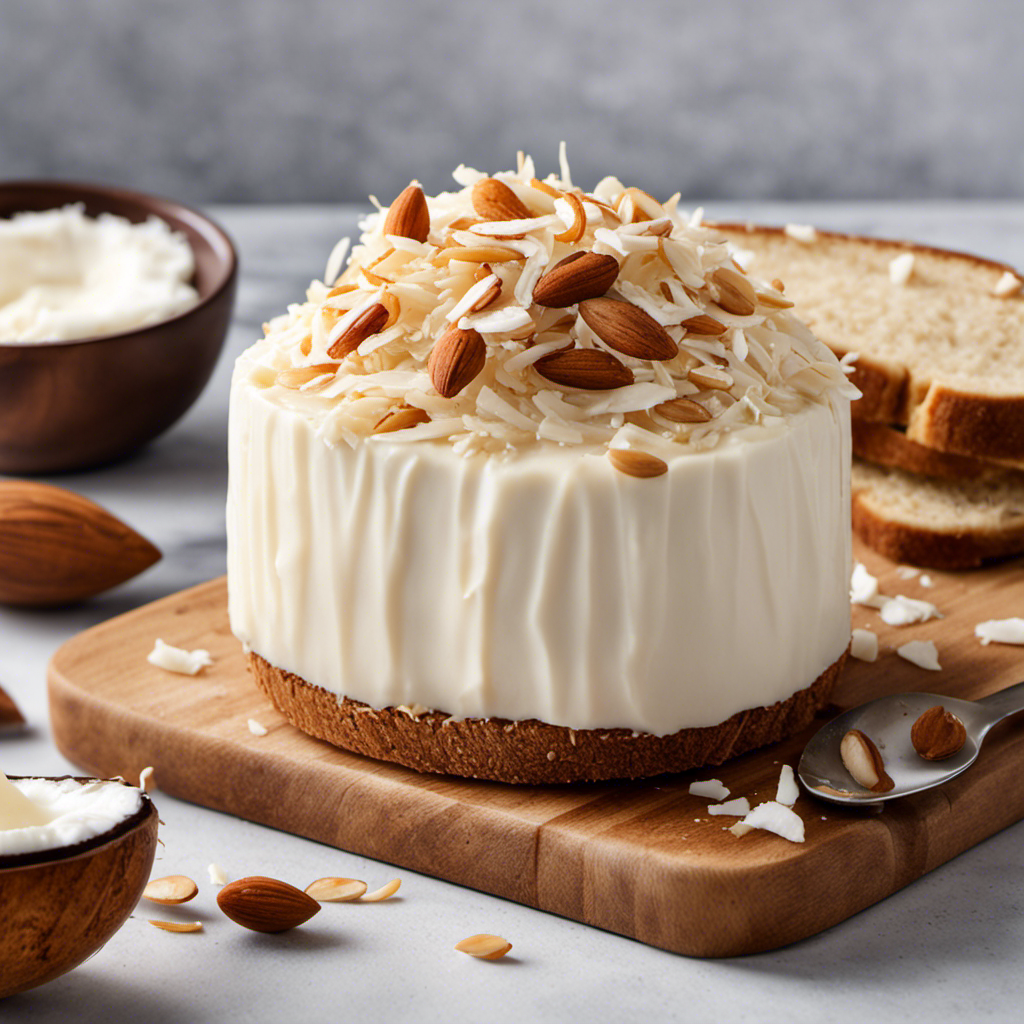 An image showcasing a smooth, creamy dollop of coconut butter being generously spread on a warm slice of toast, with a scattering of shredded coconut and sliced almonds on top, inviting readers to explore the versatile uses of this delectable ingredient