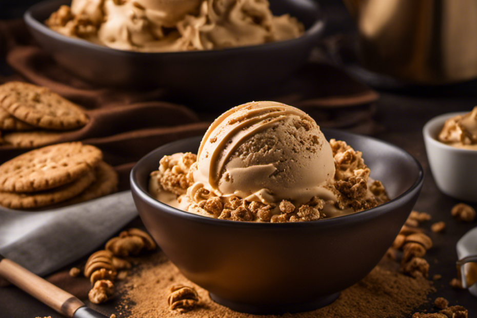 An image showcasing a scoop of velvety, golden cookie butter ice cream, generously sprinkled with crunchy cookie crumbles