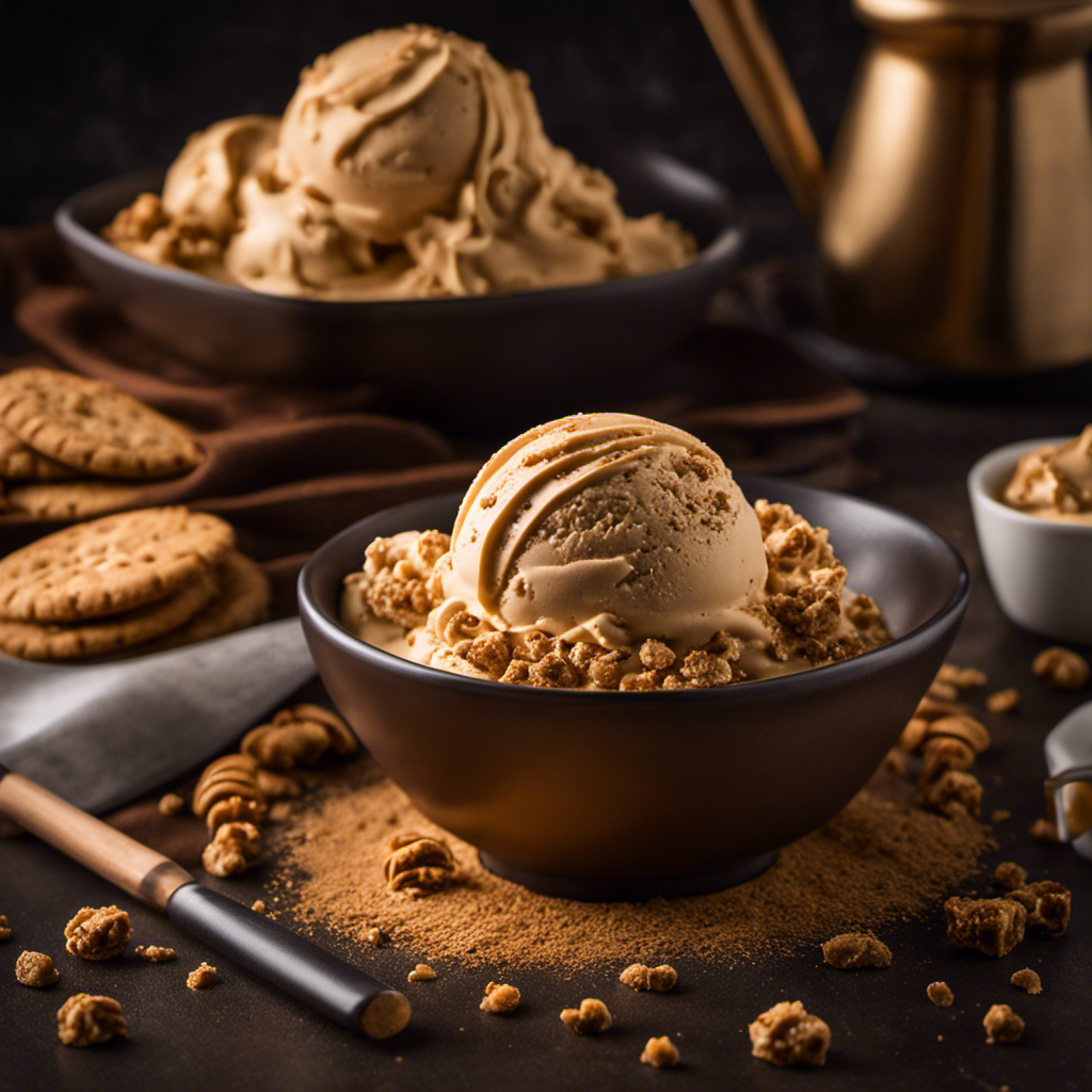 An image showcasing a scoop of velvety, golden cookie butter ice cream, generously sprinkled with crunchy cookie crumbles
