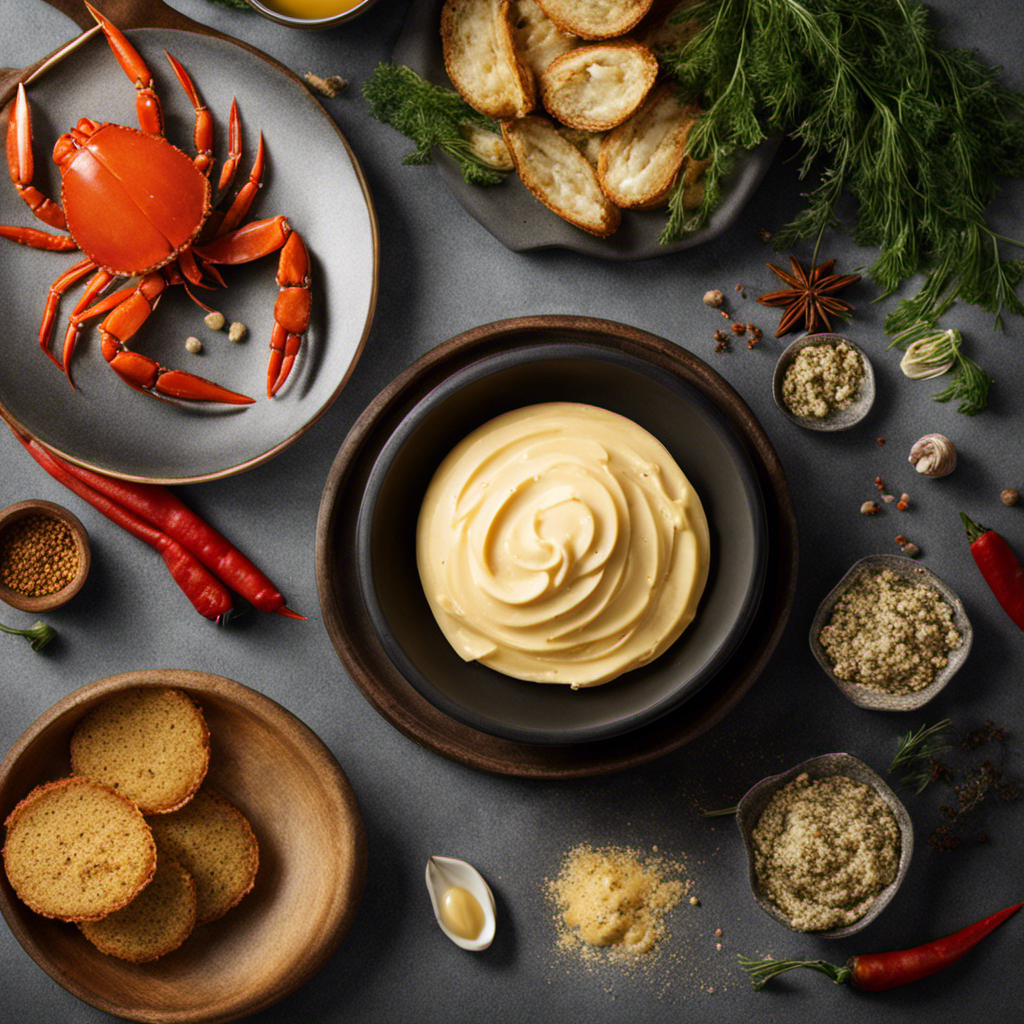 An image that showcases the indulgent essence of crab butter: a close-up shot capturing the creamy, golden-hued texture adorned with specks of savory spices, evoking a tantalizing aroma and a promise of delectable seafood goodness
