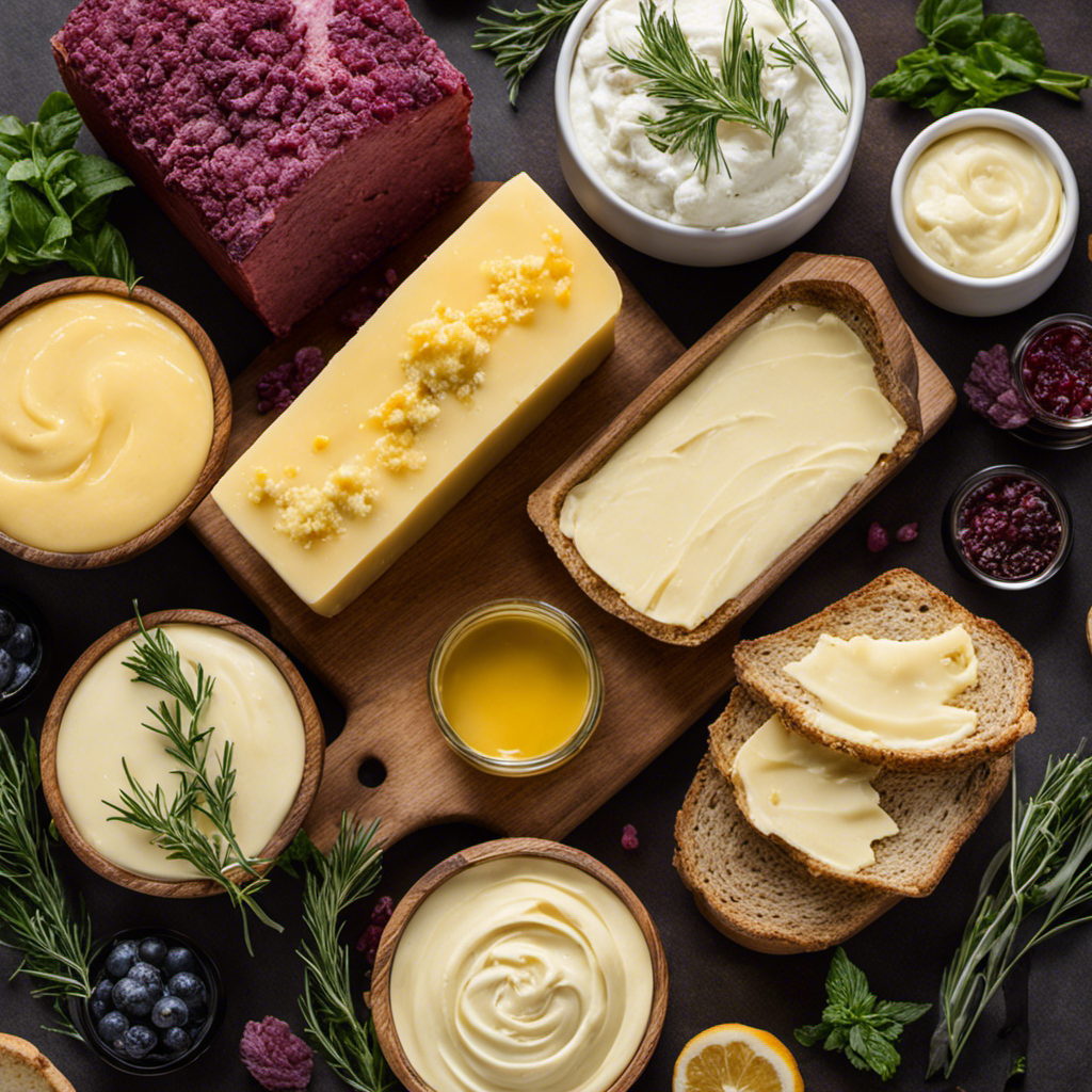 An image showcasing an array of exquisite cultured butters, each with its unique color, texture, and shape