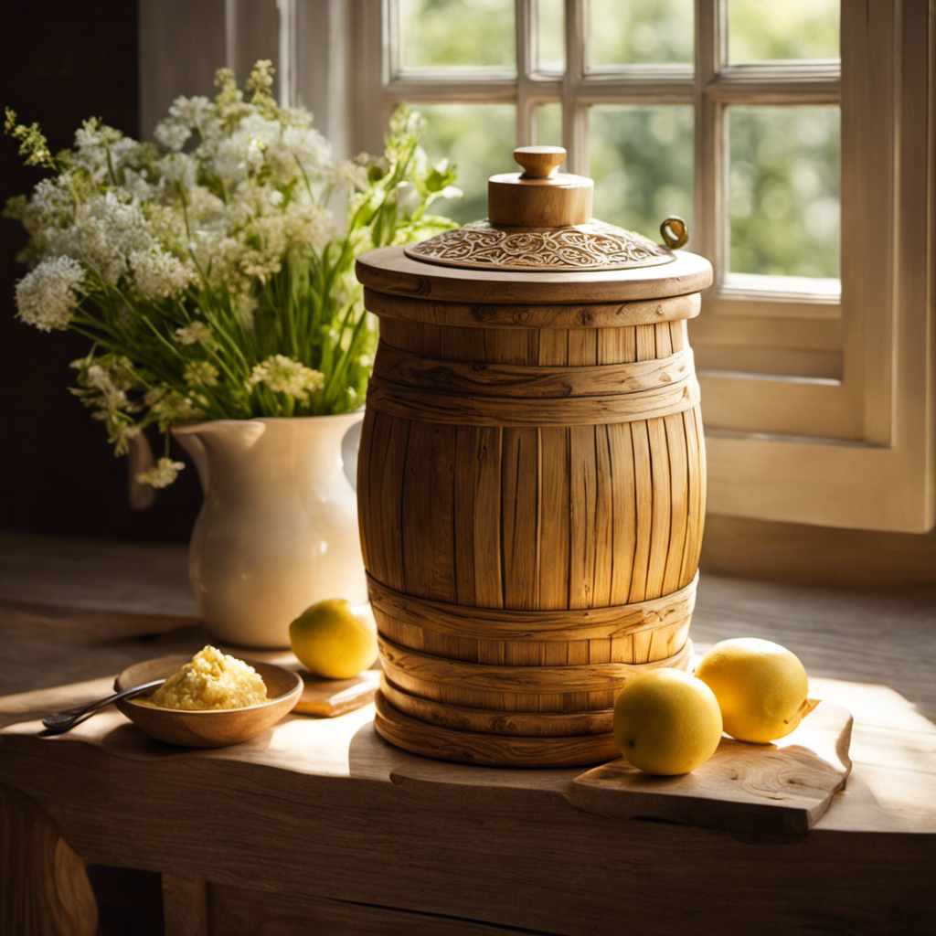 An image of a rustic wooden churn, filled with creamy, golden cultured butter