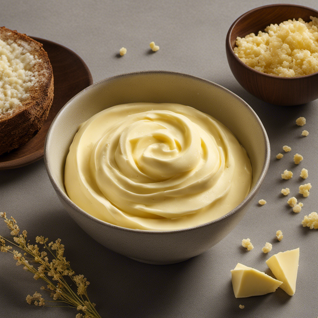 An image showcasing a bowl of freshly churned, creamy butter made from fermented cream, displaying a rich, pale yellow hue