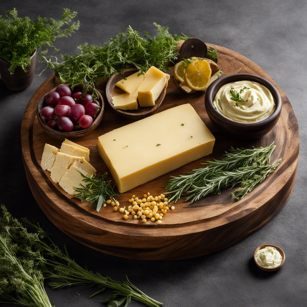 An image showcasing a rustic wooden platter adorned with a generous slab of creamy, golden cultured butter
