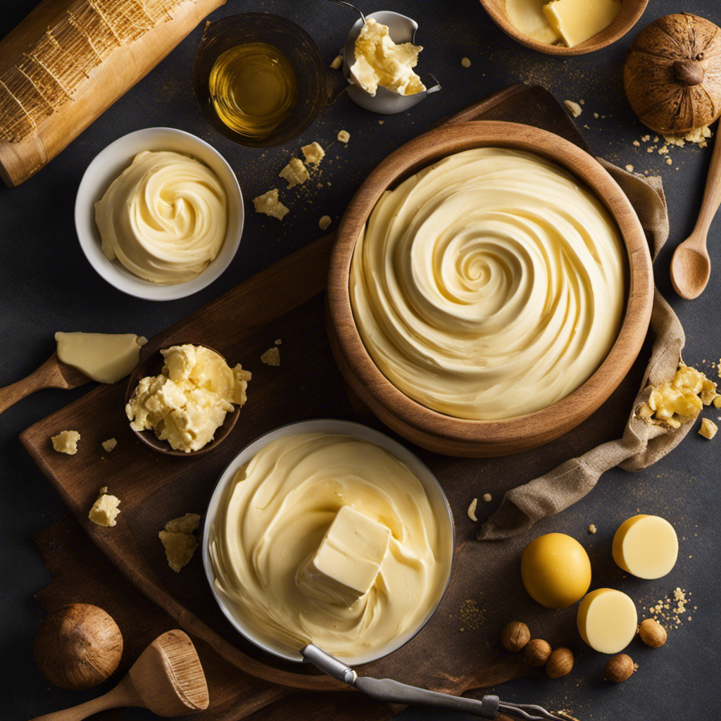 An image capturing the mesmerizing process of churning cultured butter: a skilled hand gracefully swirling a wooden churn, golden droplets of butter emerging, and the creamy waves blending into a velvety masterpiece