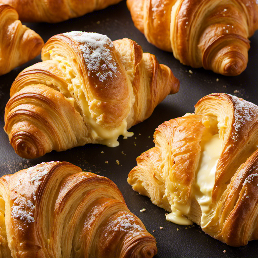 An image showcasing a golden, flaky croissant, still warm from the oven, slathered with a creamy, pale yellow cultured butter