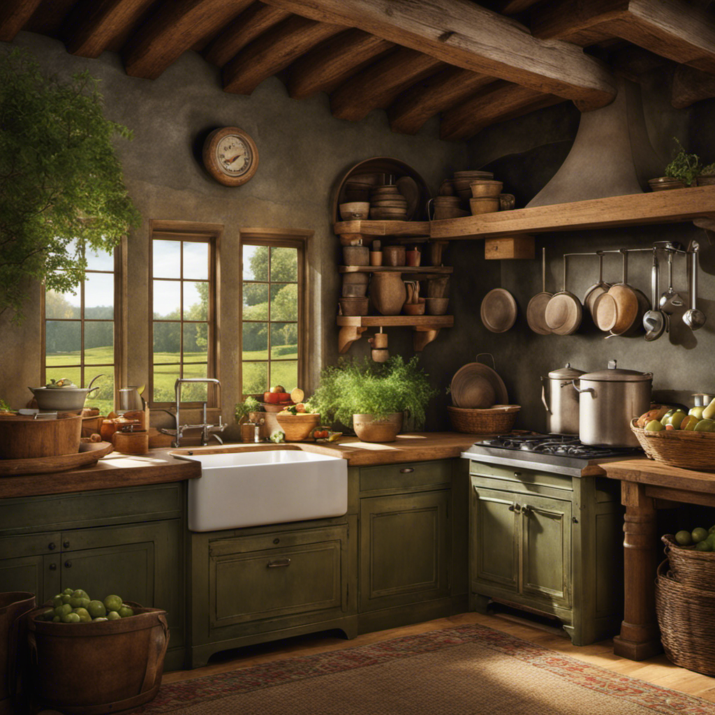 An image capturing the rustic charm of an old-world farmhouse kitchen, with a vintage churn set against a backdrop of lush green pastures, evoking the origins of cultured butter