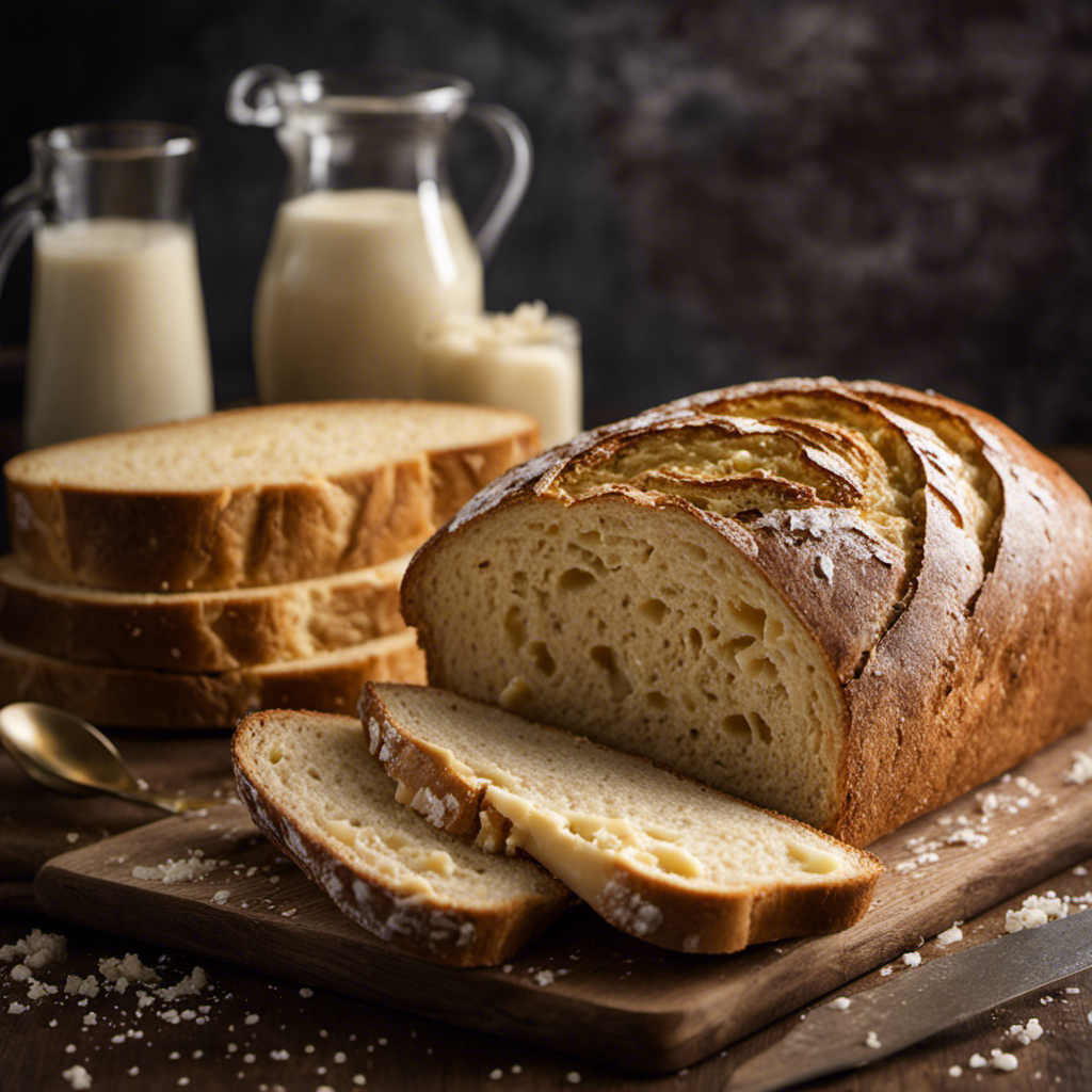 An image showcasing a thick slice of crusty, artisan bread, generously spread with creamy, golden-hued cultured butter