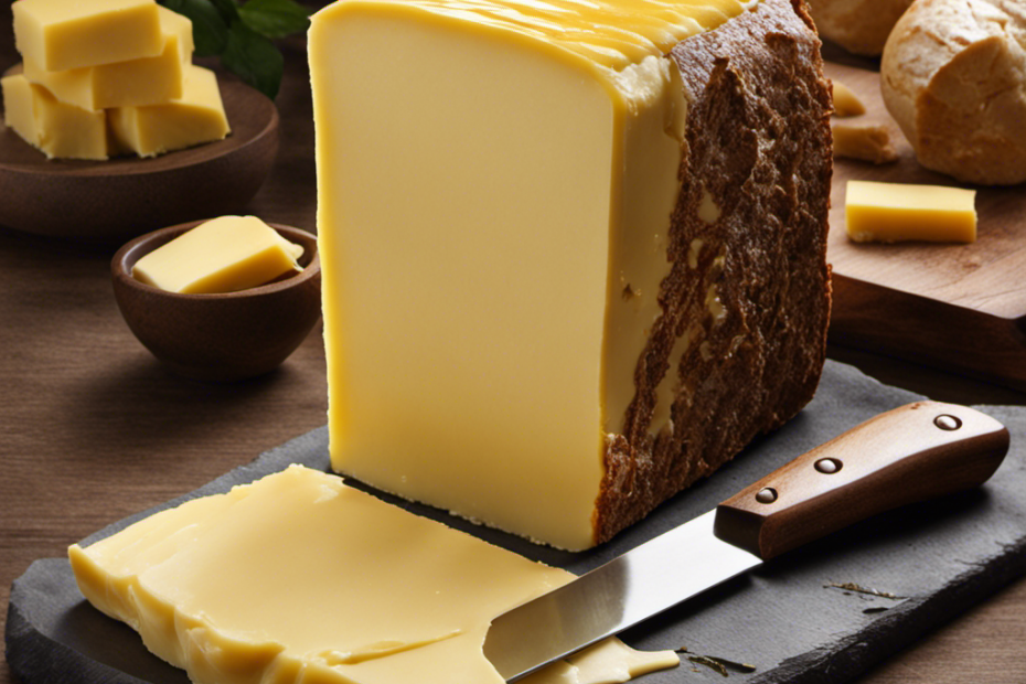 An image showcasing a slab of butter split into two distinct halves by a sharp knife, revealing the smooth texture and golden hue of the divided butter
