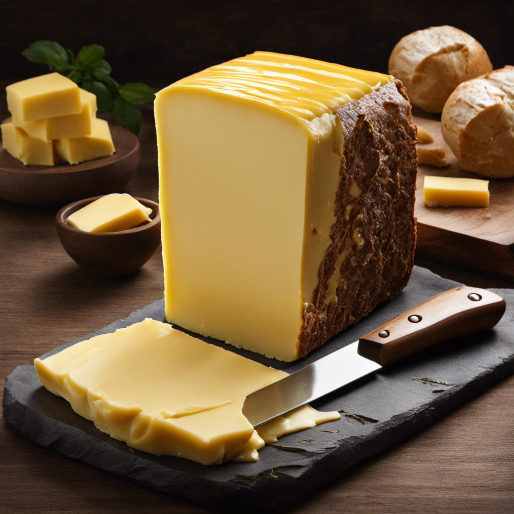 An image showcasing a slab of butter split into two distinct halves by a sharp knife, revealing the smooth texture and golden hue of the divided butter
