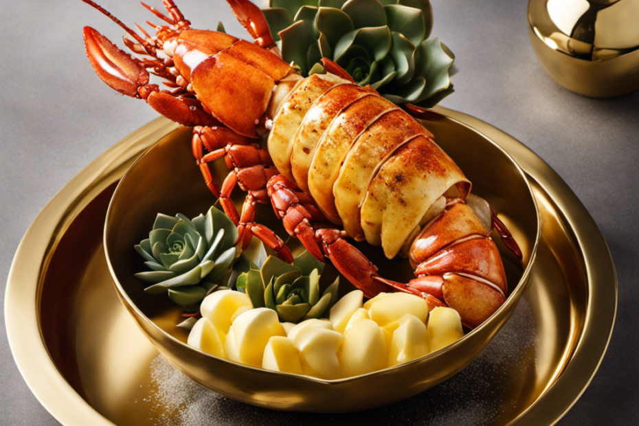 An image of a golden dish filled with velvety, melted butter, gently cascading over a succulent lobster tail