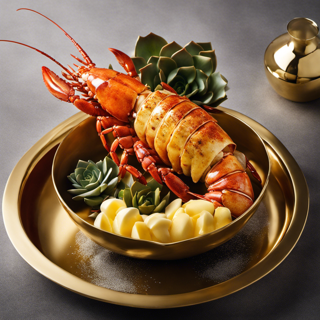 An image of a golden dish filled with velvety, melted butter, gently cascading over a succulent lobster tail
