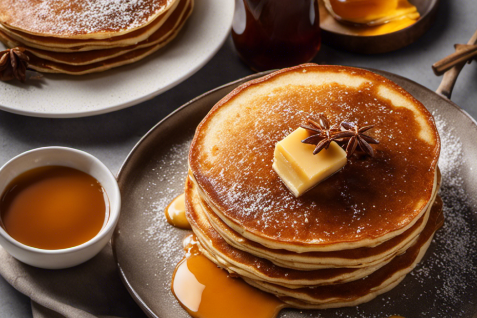 An image of a golden pancake drenched in a rich amber syrup, thick and velvety, with a hint of caramelized butter pooling at the edges, showcasing the delectable allure of Duck Butter Syrup