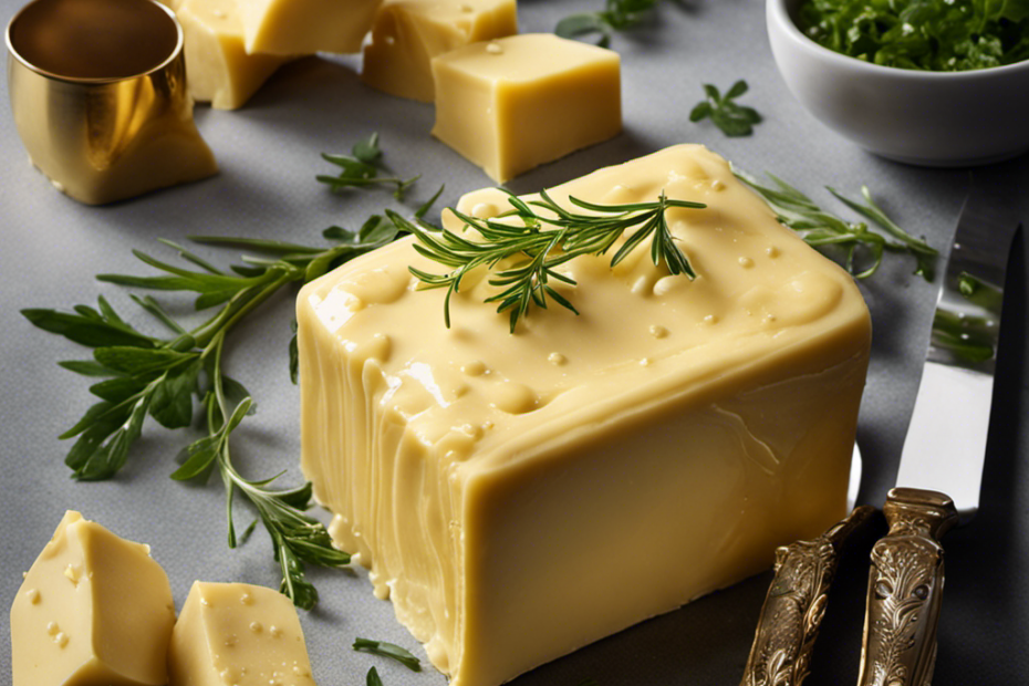 An image showcasing a golden block of Epicurean Butter, glistening with melted droplets on its surface