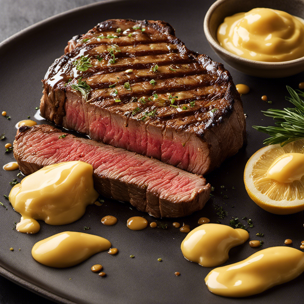 An image showcasing a creamy, golden-hued finishing butter being gently spread over a perfectly grilled steak, with droplets of melting butter cascading down the edges, enhancing the tantalizing sizzle and aroma