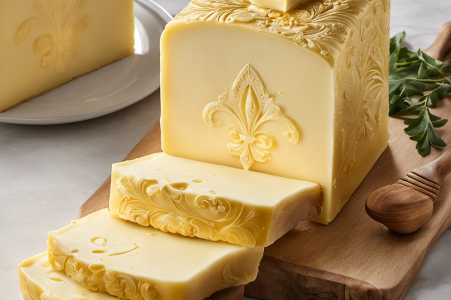 An image capturing the essence of French butter: a golden-hued slab adorned with delicate fleur-de-lis imprints, glistening in soft, natural light