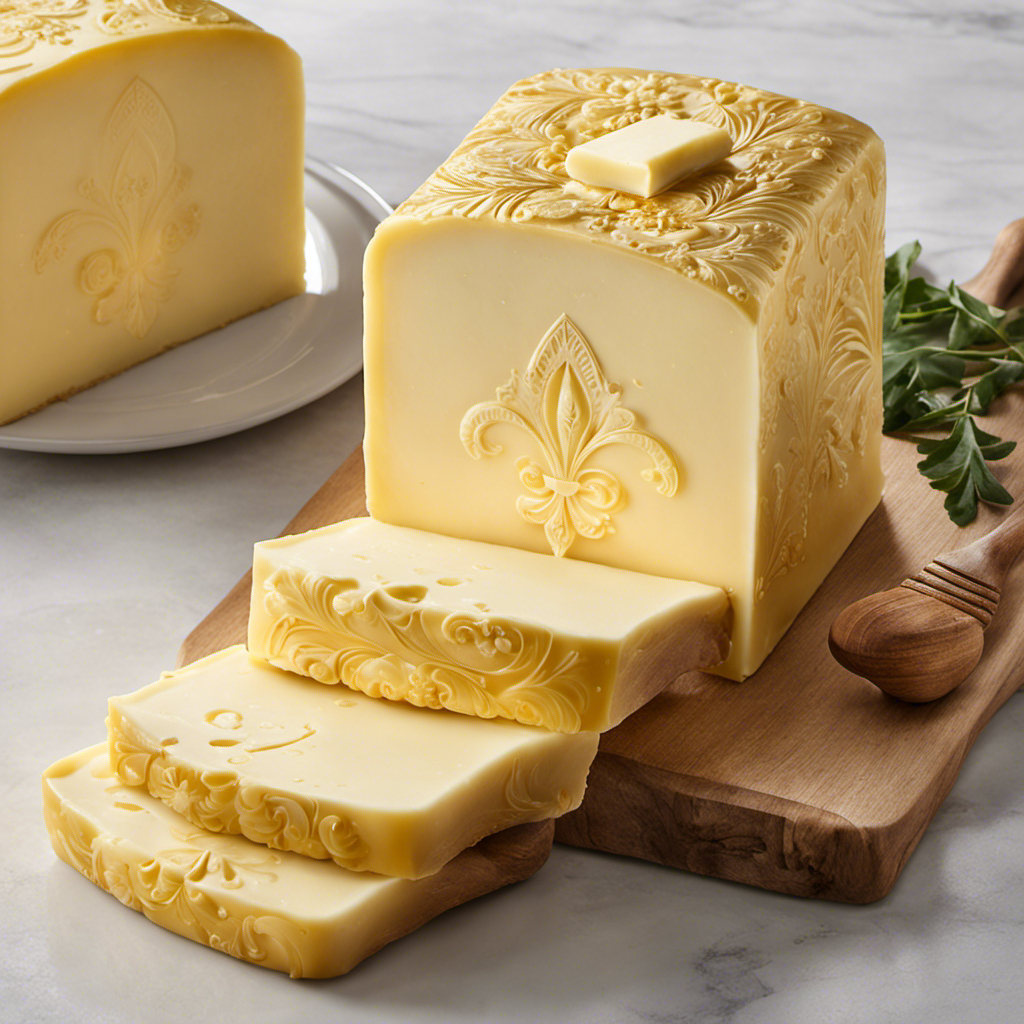An image capturing the essence of French butter: a golden-hued slab adorned with delicate fleur-de-lis imprints, glistening in soft, natural light