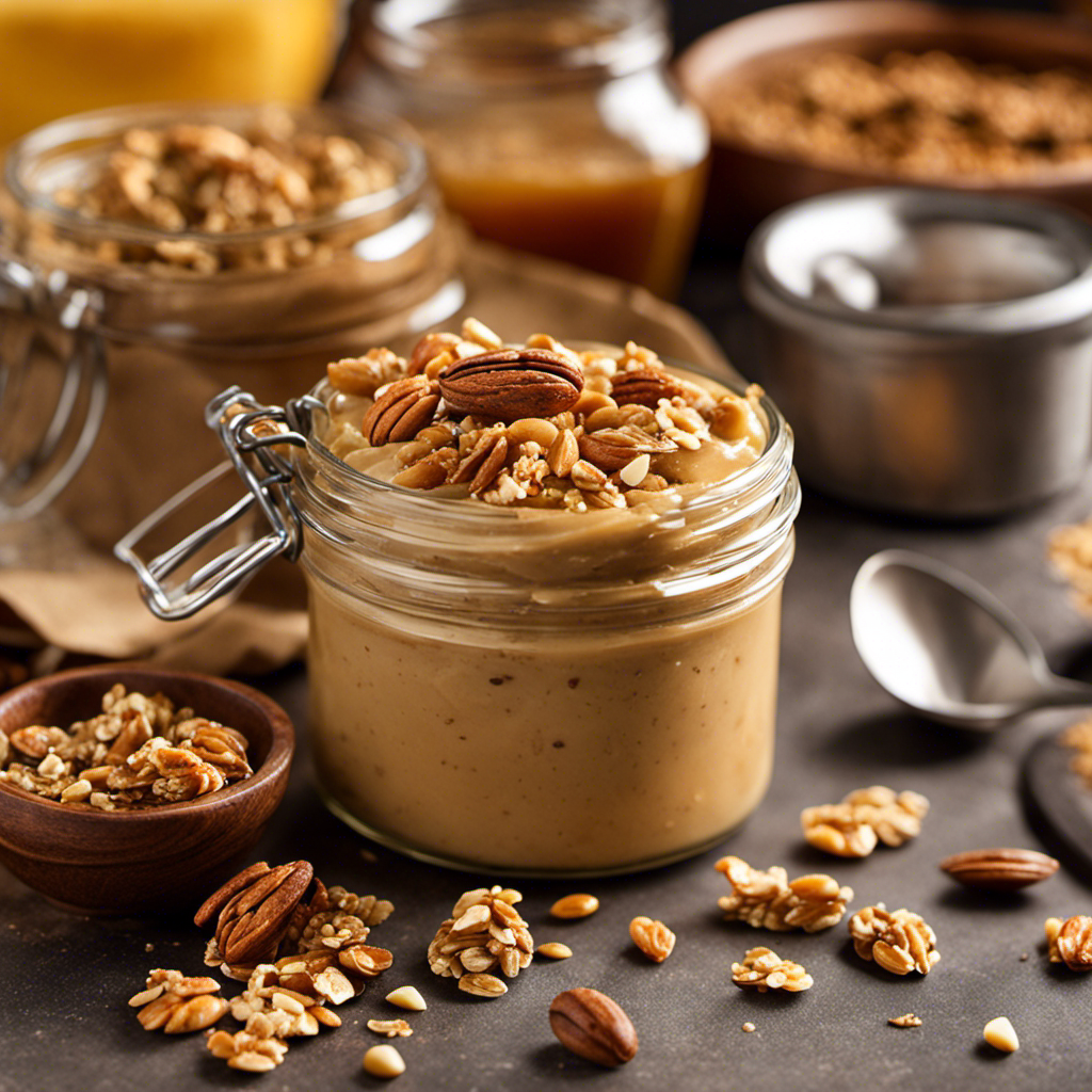 An image showcasing a smooth, creamy texture of homemade granola butter, bursting with golden hues