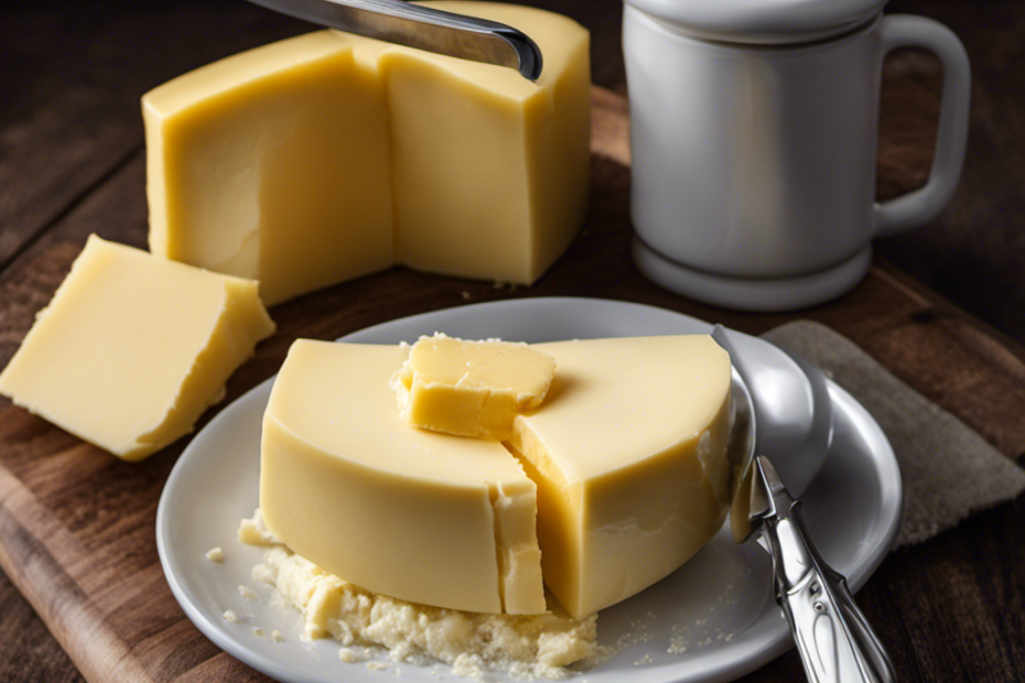 An image showing a measuring cup filled with 3/4 cup of butter, with a knife slicing through it, visually representing half of the butter