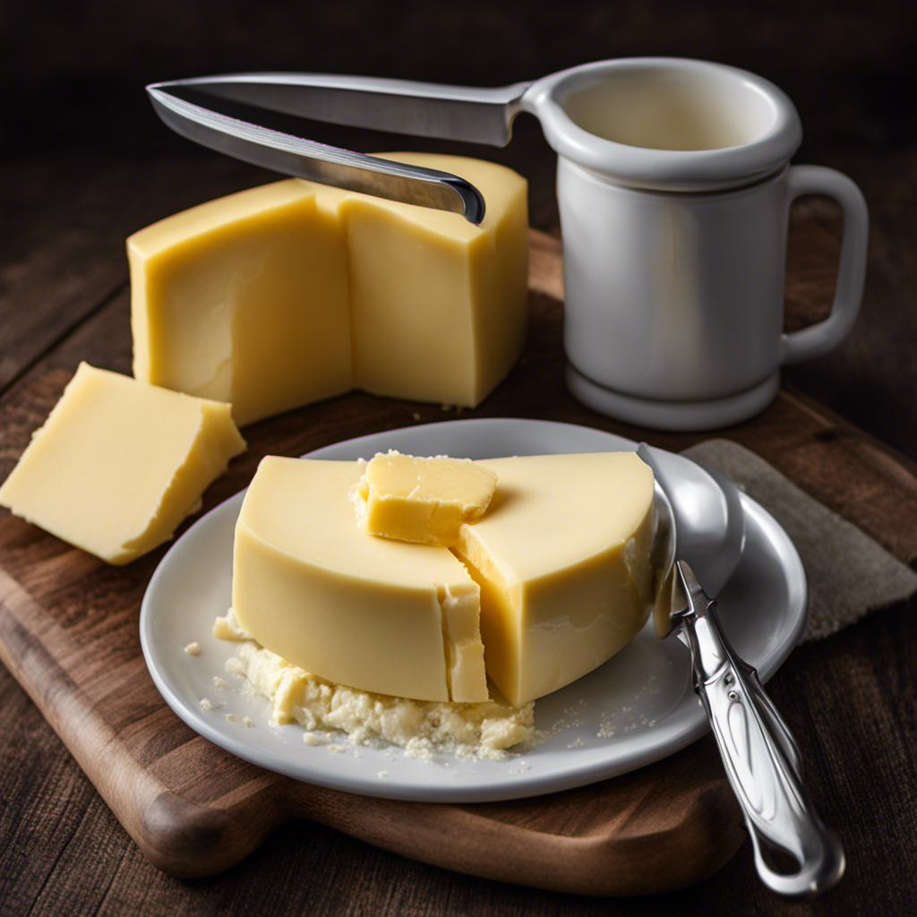 An image showing a measuring cup filled with 3/4 cup of butter, with a knife slicing through it, visually representing half of the butter