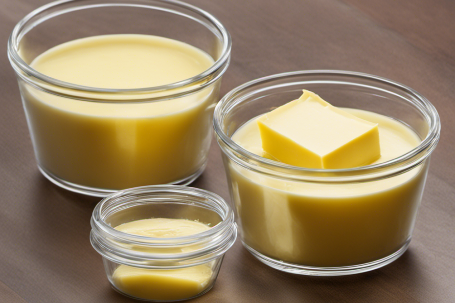 An image showcasing a measuring cup filled with 3/4 cup of butter, divided equally into two smaller containers