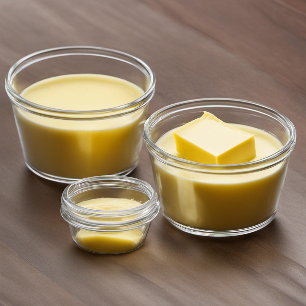 An image showcasing a measuring cup filled with 3/4 cup of butter, divided equally into two smaller containers