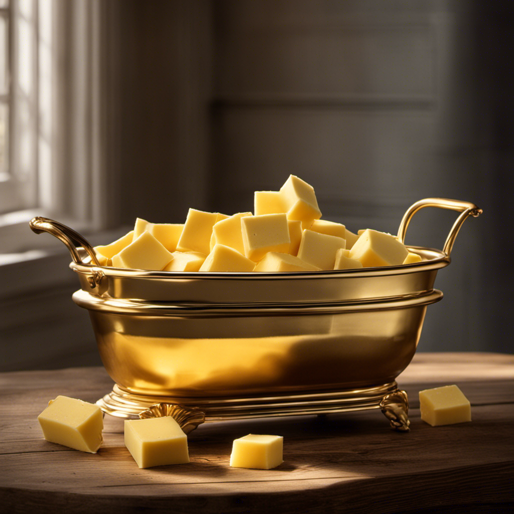 An image showcasing a golden tub of I Can't Believe It's Not Butter, sitting on a rustic wooden table