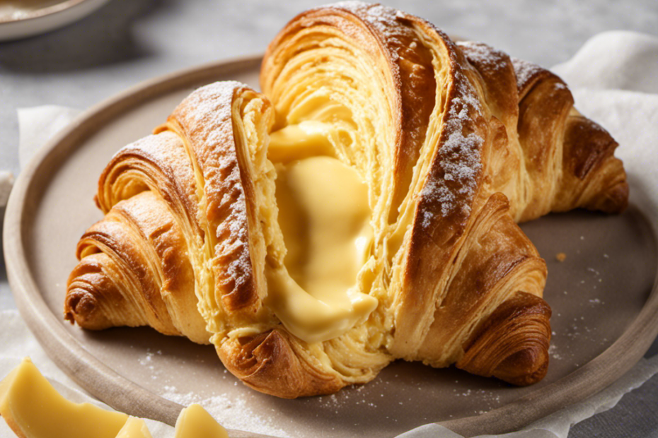An image showcasing a golden, creamy Imperial Butter being gently spread over a freshly baked croissant, melting into its flaky layers