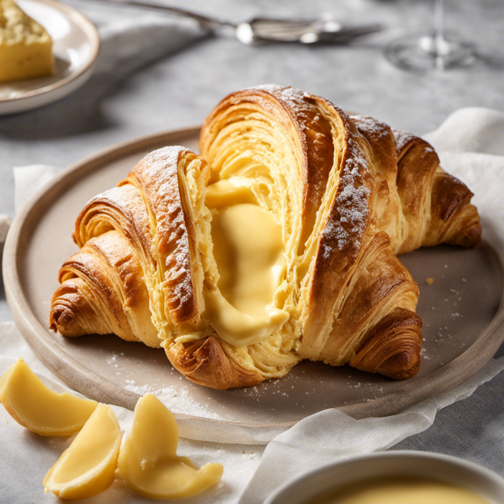 An image showcasing a golden, creamy Imperial Butter being gently spread over a freshly baked croissant, melting into its flaky layers