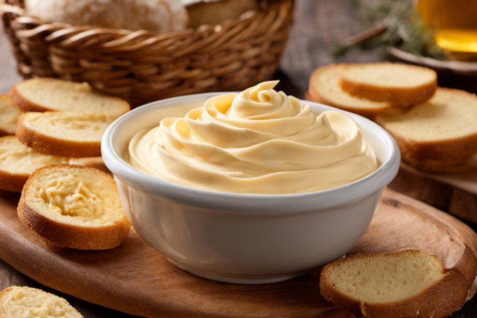An image capturing the essence of Texas Roadhouse Butter: a golden, creamy swirl emanating a rich aroma, flecked with hints of honey and cinnamon, nestled beside a rustic bread basket