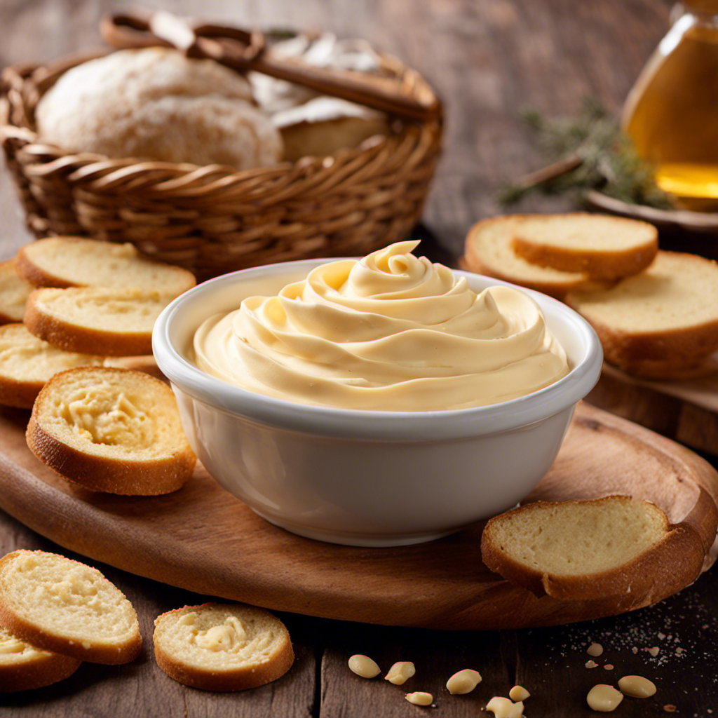 An image capturing the essence of Texas Roadhouse Butter: a golden, creamy swirl emanating a rich aroma, flecked with hints of honey and cinnamon, nestled beside a rustic bread basket