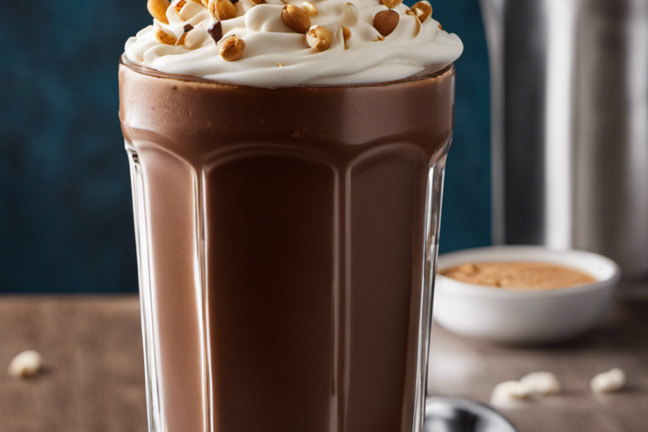 Capture an enticing close-up shot of a tall, frosty glass filled to the brim with a rich, velvety chocolate peanut butter shake from Muscle Maker Grill, adorned with a perfectly whipped cream topping and a sprinkle of crushed peanuts