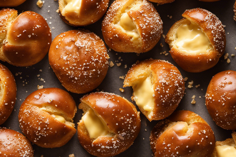 An image showcasing a close-up of freshly baked pretzel bites, glistening with a rich, golden-brown color