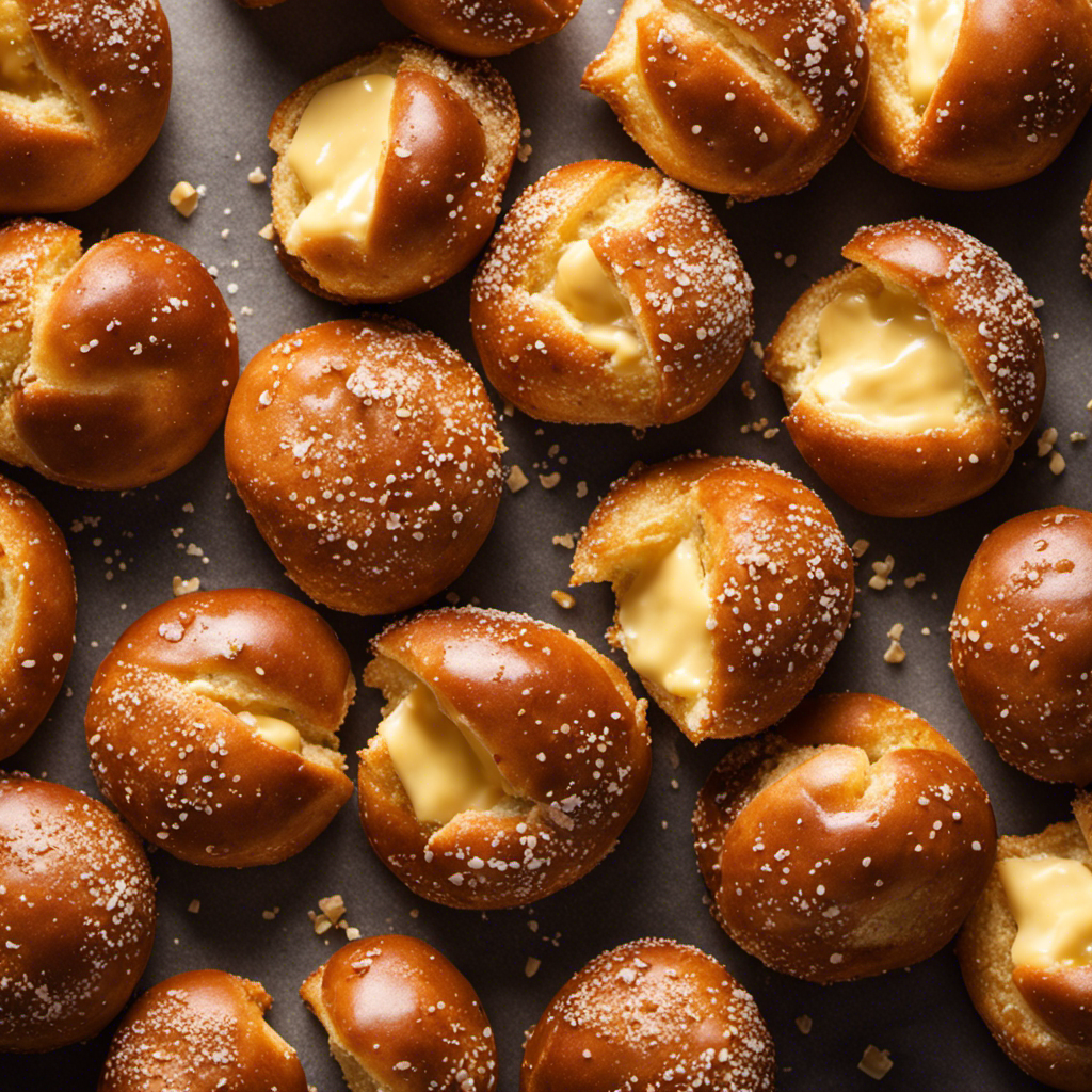 An image showcasing a close-up of freshly baked pretzel bites, glistening with a rich, golden-brown color